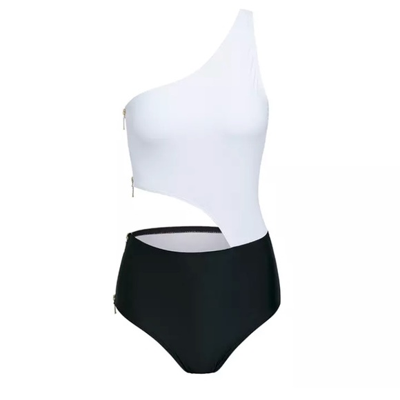 CLEARANCE Black & White Sexy Zip Up Side 1Pc Swimsuit - Picture 5 of 6